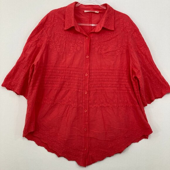 Solitaire 1X Red Embroidered Textured Flare Sleeve Boho Button Down Vacation - Picture 1 of 10